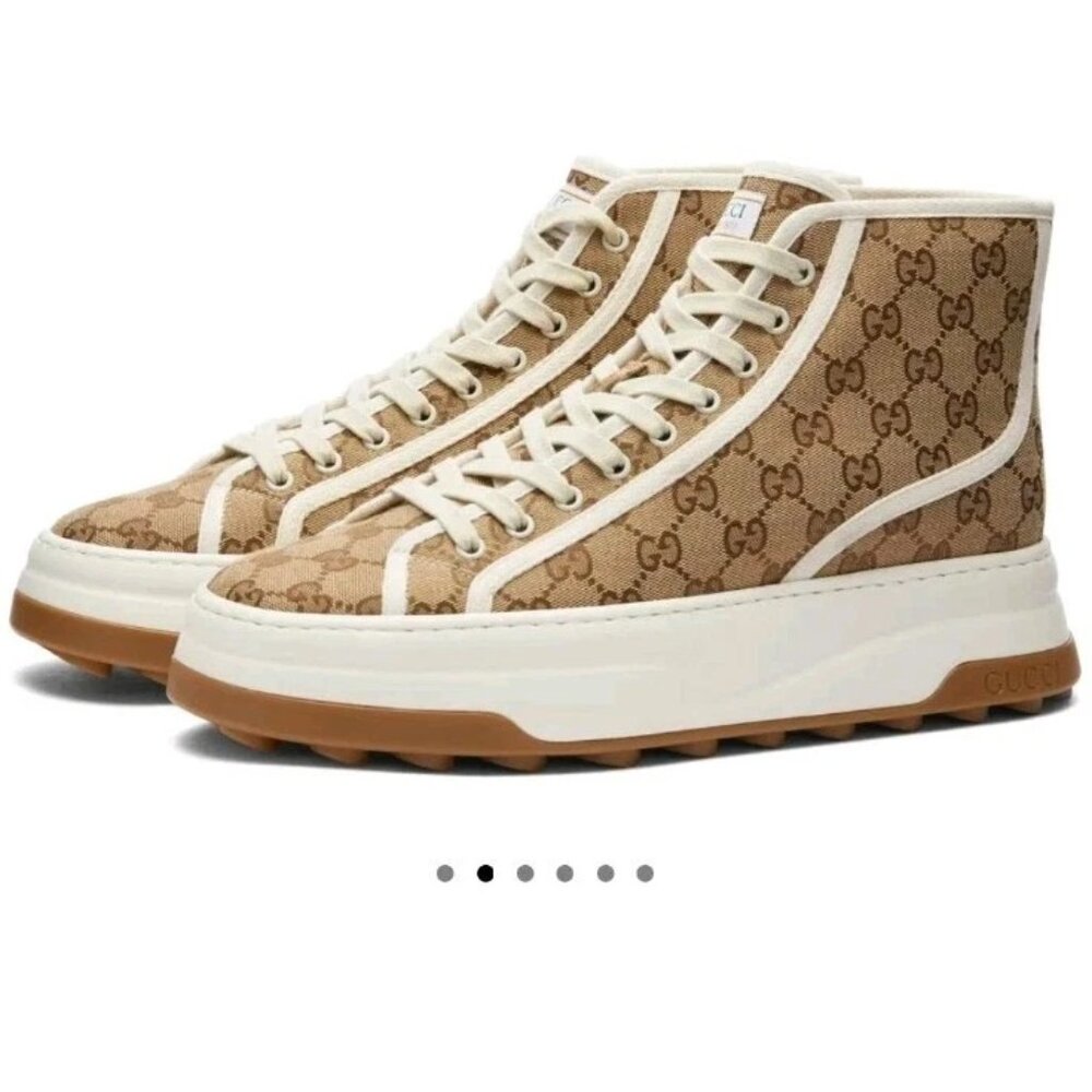 $890 Gucci Tennis GG High Top Beige Ebony Men's Sneakers UK Size 7